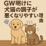 ゴールデンウィーク明けに体調を崩しやすい犬と猫を描いたイラスト。元気がなく不安そうな表情のゴールデンレトリバーとキジトラ猫が並んで座っている。背景には『GW明けに犬猫の調子が悪くなりやすい理由』という日本語の見出しテキスト。